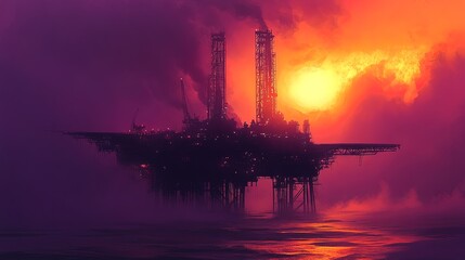 Obraz premium Oil platform at dusk, bright orange and purple sky contrasting with dark steel structures 