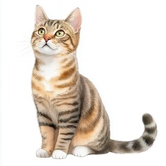 Adorable Tabby Cat Sitting and Gazing Upward, Isolated on White Background