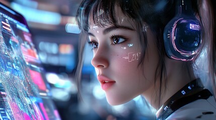 Cyberpunk Girl Observing Futuristic Interface