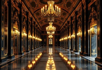 Obraz premium Luxurious Grand Hallway Decorated With Ornate Chandeliers and Elegant Black Marble, Generative AI