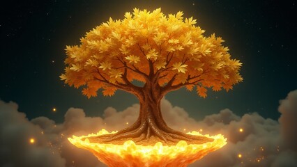A radiant tree with a trunk of coins and leaves of fluttering bills glows softly in a starry forest, symbolizing abundance and the cosmic beauty of wealth.