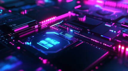 Fototapeta premium Abstract Close-up of a Modern Circuit Board with Vibrant Neon Lights and Detailed Components