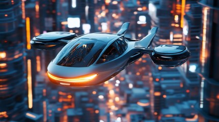 Futuristic Flying Car Soaring Over a Neon Cityscape