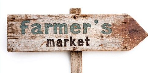 Wooden sign displaying Farmer's Market in detailed craftsmanship against a white background