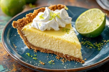 Delicious slice of creamy lime pie with whipped cream on a rustic table, garnished with lime