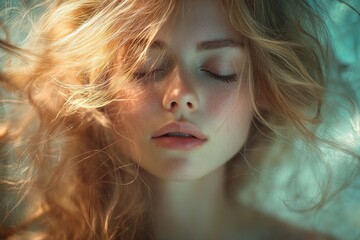 Naklejka premium Beautiful Woman with Flowing Black Hair in a Dreamy Soft Focus Portrait