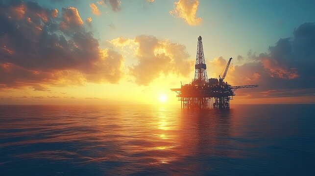 Offshore oil rig at sunrise, silhouetted against the horizon with dramatic skies