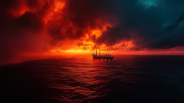 Offshore oil rig at sunrise, silhouetted against the horizon with dramatic skies