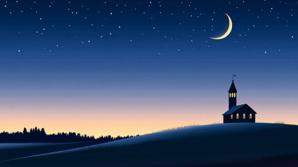 serene night sky with crescent moon over church on hill