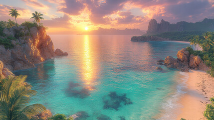 Tropical sunset over idyllic beach with turquoise waters and lush palm trees.