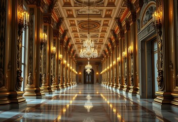 Naklejka premium Luxurious Ornate Hallway With Golden Deco and Chandeliers, Generative AI