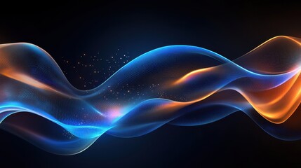 Abstract blue and orange wave design, glowing particles flow smoothly. Ideal for tech, energy, or futuristic themes, adds a dynamic visual element.