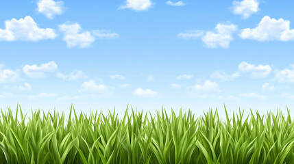 Fototapeta premium Lush green grass under bright blue sky with fluffy clouds
