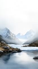 Majestic mountains rise in the background, shrouded in mist. A calm body of water reflects the peaks, creating a serene atmosphere during early morning hours