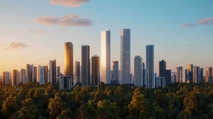 Renewable Energy Sustainability Climate Change concept. Renewable Energy Powered Smart City Skyline at Sunset
