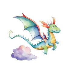 watercolors A whimsical dragon flying illustration