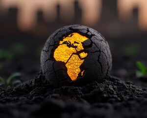 A cracked globe reveals Africa's map with glowing light, symbolizing Earth's fragility.
