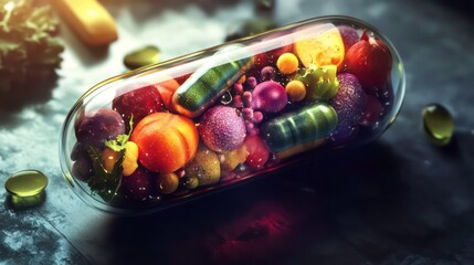 glowing supplement capsule filled with vibrant fruits and vegetables, showcasing health and wellness. colorful ingredients symbolize nutrition and vitality
