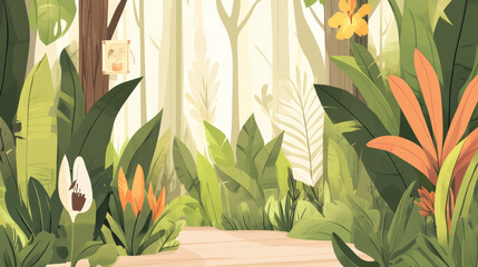 Lush jungle path with vibrant tropical plants and flowers