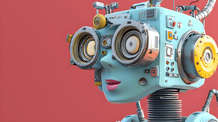 Fototapeta premium 3D rendered Pastel Robot in Blue, Pink, and White - red background 