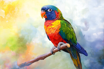 Colorful parrot perched on a branch isolated on white background.