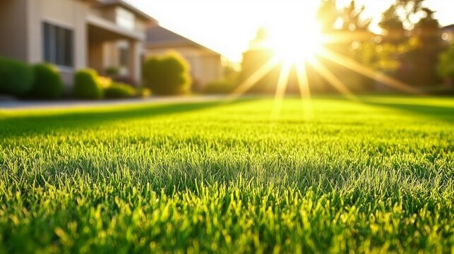 Lush green grass growing in backyard of suburban home at sunset