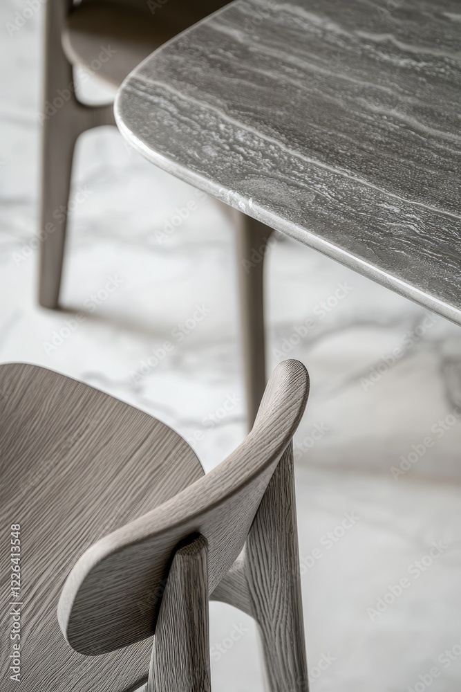 Wall mural Close-up of modern wooden chair and stone table.