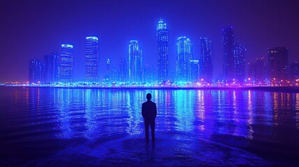 Naklejka na ściany i meble Man silhouette, night city reflection, waterfront, urban dreamscape