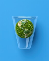 A globe made of green grass inside a clear cup, representing environmental care.