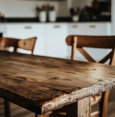 Rustic wooden dining table in kitchen.