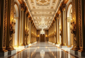 Obraz premium Luxurious Ornate Hallway With Golden Deco and Chandeliers, Generative AI