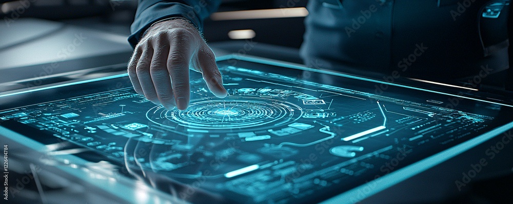 Poster a marketer working on a tablet with a split screen showing demographic charts and predictive models.