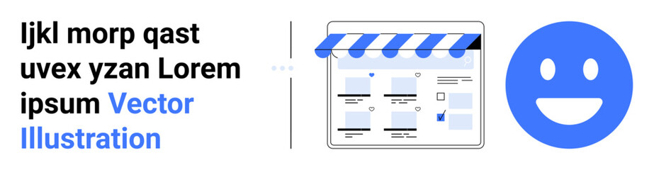 Text in placeholder style, website wireframe with navigation elements and page components, alongside a large blue smiling face icon. Ideal for web design, user experience, layout planning, branding
