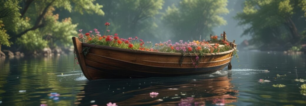 Bateau en bois avec des fleurs qui pousse dans les eaux, nature photography, boats in freshwater lake, aquatic life