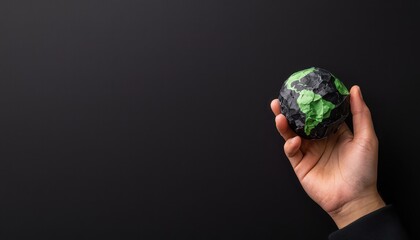 A hand holding a green and black food item against a dark background.