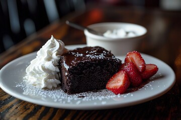 Delicious chocolate cake served with whipped cream and strawberries on a wooden table in a cozy cafe