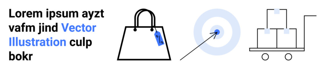 Shopping bag with tag, marketing target with dart, and stacked boxes on trolley. Ideal for e-commerce, logistics, marketing, sales, delivery advertising retail. Perfect for flat landing page banner