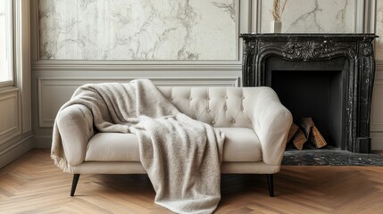 Fototapeta premium Cozy Beige Sofa With A Throw Blanket Sits In Front Of A Black Marble Fireplace In A Room With Marble Wallpaper. The Scene Is Calm And Inviting.