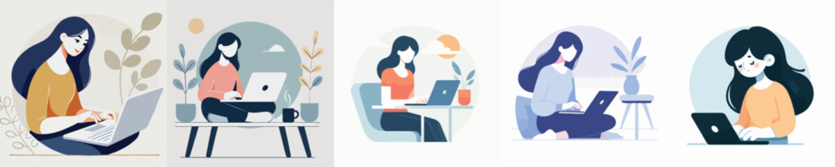 vector female character playing on laptop