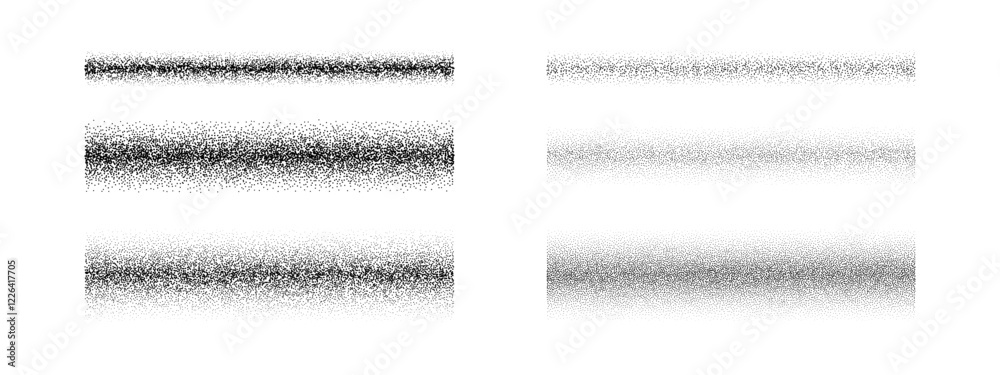 Poster Black dotted gradient texture set. Stippled grain brush element collection. Fading scatter noise pattern pack. Spray dot line strokes background. Rectangle grainy sand bundle. Vector