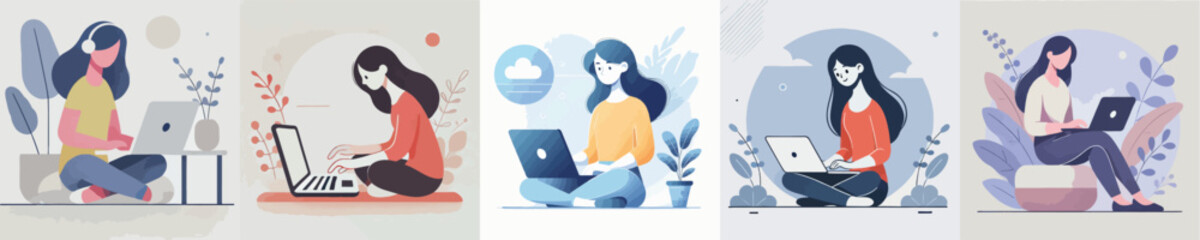 vector female character playing on laptop