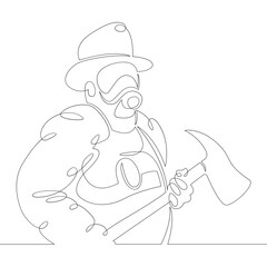 One continuous drawing line logo firefighter fireman rescuer in uniform and helmet at work .Single hand drawn art line doodle outline isolated minimal illustration cartoon character flat