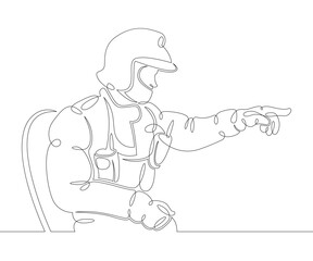 Obraz premium One continuous drawing line logo firefighter fireman rescuer in uniform and helmet at work .Single hand drawn art line doodle outline isolated minimal illustration cartoon character flat