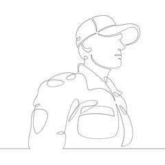 One continuous drawing line logo firefighter fireman rescuer in uniform and helmet at work .Single hand drawn art line doodle outline isolated minimal illustration cartoon character flat