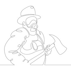 One continuous drawing line logo firefighter fireman rescuer in uniform and helmet at work .Single hand drawn art line doodle outline isolated minimal illustration cartoon character flat