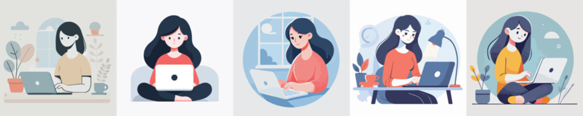 vector female character playing on laptop