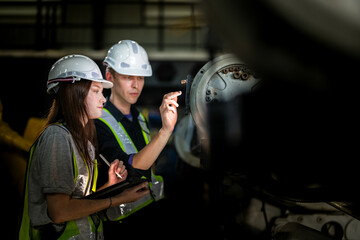 Factory engineers inspect on machine. Confident team mature businessman with laptop standing by...