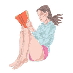 One continuous drawing line portrait of a beautiful girl in a nightgown is reading a book.Single hand drawn art line doodle outline isolated minimal illustration cartoon character flat