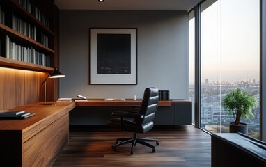 Sophisticated executive office suite featuring a dark leather chair, a minimalist wooden desk, and neatly organized business books. 