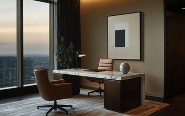 Fototapeta premium Sophisticated Italian-inspired office featuring a marble desk, ergonomic leather chair, and modern sculptures. 